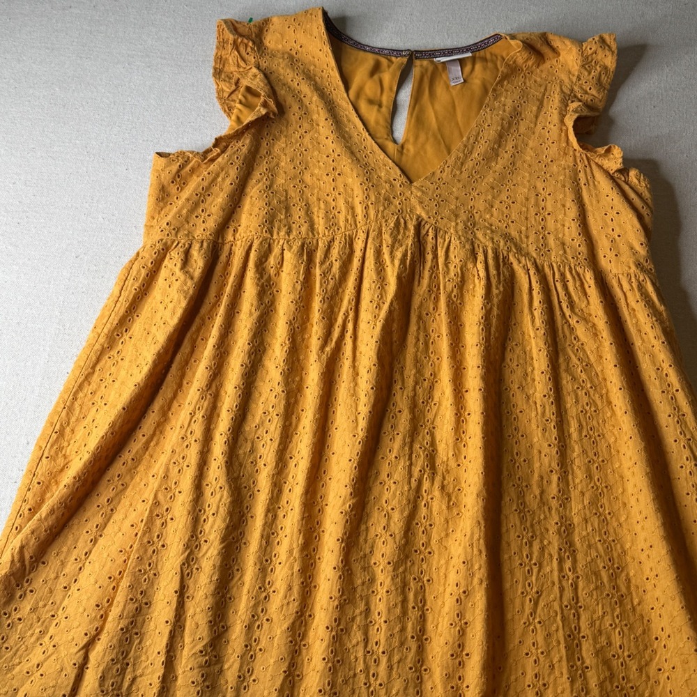 Knox Rose Mustard Yellow Eyelet Babydoll Mini Dress XXL Ruffle V-Neck Scallop